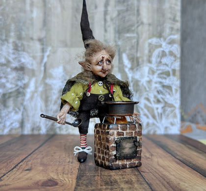 Full-scale view of a handmade gothic miniature — Small art doll Cooking gnome (2/12)