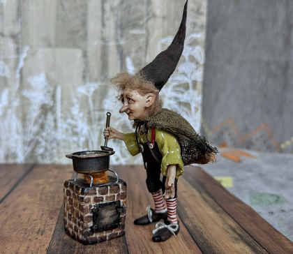 Full-scale view of a handmade gothic miniature — Small art doll Cooking gnome (8/12)