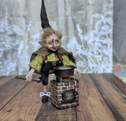 Full-scale view of a handmade gothic miniature — Small art doll Cooking gnome (12/12)