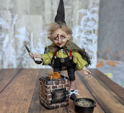 Full-scale view of a handmade gothic miniature — Small art doll Cooking gnome (9/12)