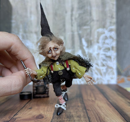 Full-scale view of a handmade gothic miniature — Small art doll Cooking gnome (1/12)