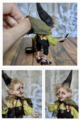 Full-scale view of a handmade gothic miniature — Small art doll Cooking gnome (4/12)