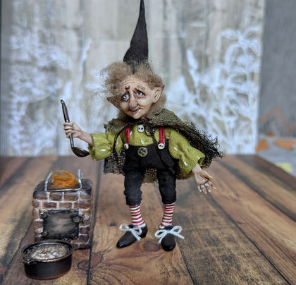 Full-scale view of a handmade gothic miniature — Small art doll Cooking gnome (7/12)