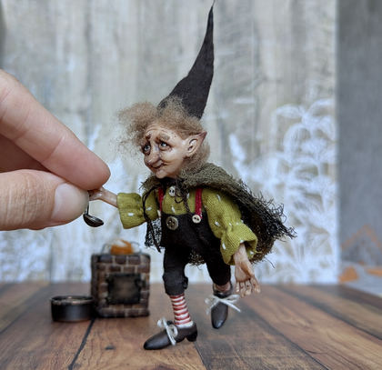 Full-scale view of a handmade gothic miniature — Small art doll Cooking gnome (11/12)