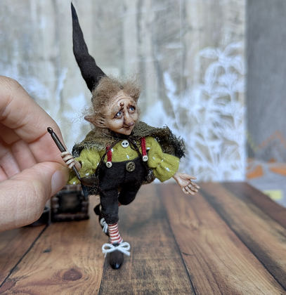 Full-scale view of a handmade gothic miniature — Small art doll Cooking gnome (5/12)