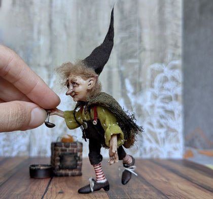 Full-scale view of a handmade gothic miniature — Small art doll Cooking gnome (3/12)