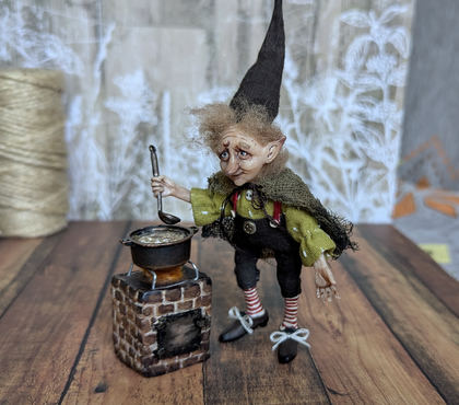 Full-scale view of a handmade gothic miniature — Small art doll Cooking gnome (10/12)