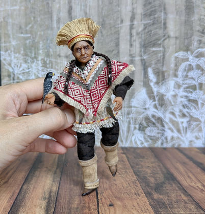 Full-scale view of a handmade gothic miniature — Small art doll Falconer (12/13), one-of-a-kind sculpture by Ritunia