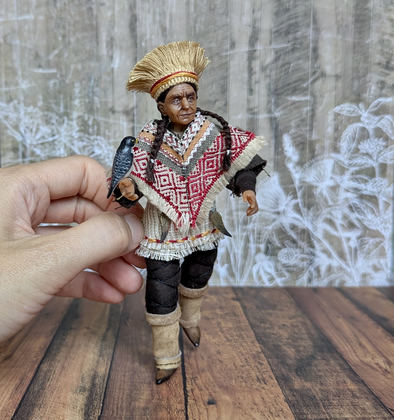 Full-scale view of a handmade gothic miniature — Small art doll Falconer (6/13), one-of-a-kind sculpture by Ritunia