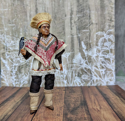 Full-scale view of a handmade gothic miniature — Small art doll Falconer (3/13), one-of-a-kind sculpture by Ritunia