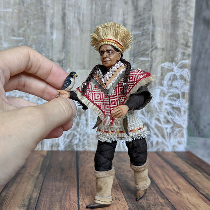 Full-scale view of a handmade gothic miniature — Small art doll Falconer (13/13), one-of-a-kind sculpture by Ritunia