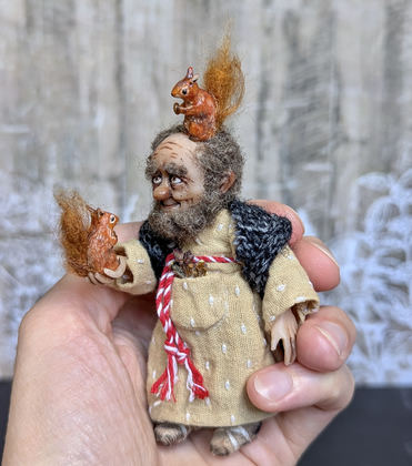 Full-scale view of a handmade gothic miniature — Small art doll Forester (1/10), Acrylic paint, polymer clay, fabric, wool