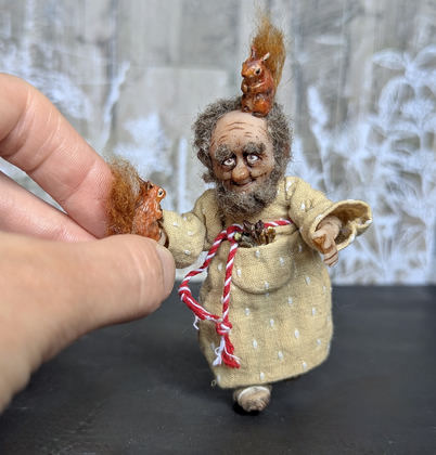 Full-scale view of a handmade gothic miniature — Small art doll Forester (6/10), Acrylic paint, polymer clay, fabric, wool