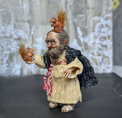 Full-scale view of a handmade gothic miniature — Small art doll Forester (3/10), Acrylic paint, polymer clay, fabric, wool