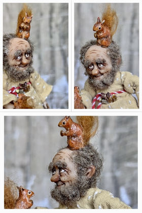 Full-scale view of a handmade gothic miniature — Small art doll Forester (4/10), Acrylic paint, polymer clay, fabric, wool