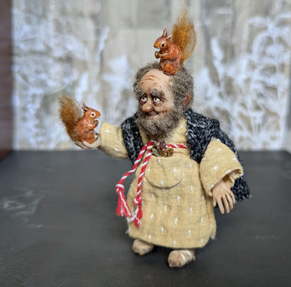 Full-scale view of a handmade gothic miniature — Small art doll Forester (5/10), Acrylic paint, polymer clay, fabric, wool