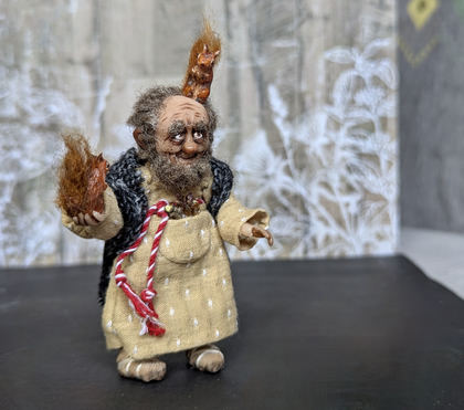 Full-scale view of a handmade gothic miniature — Small art doll Forester (7/10), Acrylic paint, polymer clay, fabric, wool