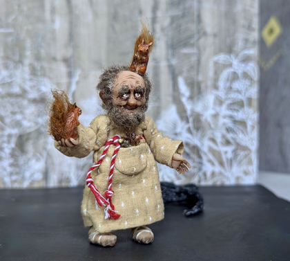 Full-scale view of a handmade gothic miniature — Small art doll Forester (10/10), Acrylic paint, polymer clay, fabric, wool