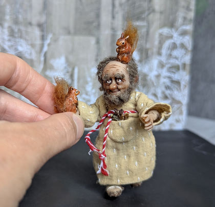 Full-scale view of a handmade gothic miniature — Small art doll Forester (9/10), Acrylic paint, polymer clay, fabric, wool