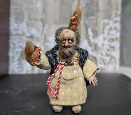 Full-scale view of a handmade gothic miniature — Small art doll Forester (8/10), Acrylic paint, polymer clay, fabric, wool