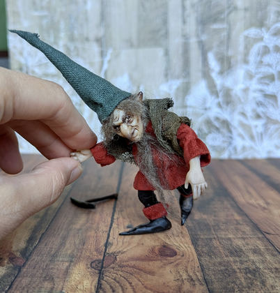 Full-scale view of a handmade gothic miniature — Small art doll Gnome (2/13)