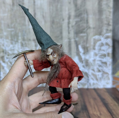 Full-scale view of a handmade gothic miniature — Small art doll Gnome (3/13)