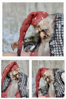 Full-scale view of a handmade gothic miniature — Small art doll Gnome with axe (7/10), one-of-a-kind sculpture by Ritunia