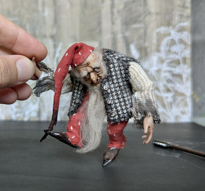 Full-scale view of a handmade gothic miniature — Small art doll Gnome with axe (10/10), one-of-a-kind sculpture by Ritunia