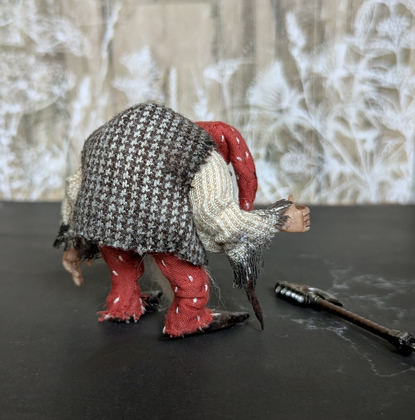 Full-scale view of a handmade gothic miniature — Small art doll Gnome with axe (6/10), one-of-a-kind sculpture by Ritunia