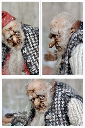 Full-scale view of a handmade gothic miniature — Small art doll Gnome with axe (2/10), one-of-a-kind sculpture by Ritunia