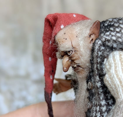 Full-scale view of a handmade gothic miniature — Small art doll Gnome with axe (5/10), one-of-a-kind sculpture by Ritunia