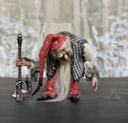 Full-scale view of a handmade gothic miniature — Small art doll Gnome with axe (1/10), one-of-a-kind sculpture by Ritunia