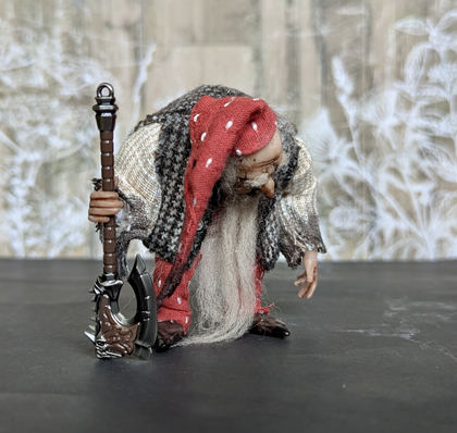 Full-scale view of a handmade gothic miniature — Small art doll Gnome with axe (9/10), one-of-a-kind sculpture by Ritunia