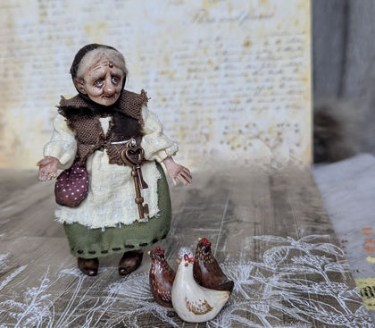 Full-scale view of a handmade gothic miniature — Small art doll Granny with hen (11/15)