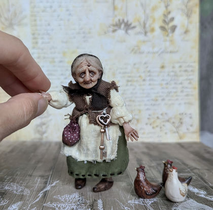 Full-scale view of a handmade gothic miniature — Small art doll Granny with hen (13/15)