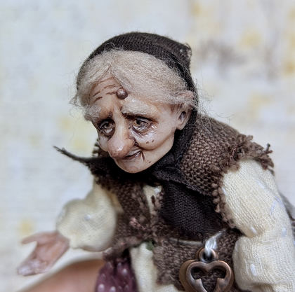 Full-scale view of a handmade gothic miniature — Small art doll Granny with hen (2/15)