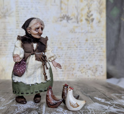 Full-scale view of a handmade gothic miniature — Small art doll Granny with hen (1/15)