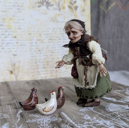 Full-scale view of a handmade gothic miniature — Small art doll Granny with hen (8/15)