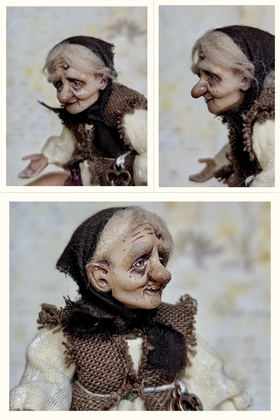 Full-scale view of a handmade gothic miniature — Small art doll Granny with hen (6/15)