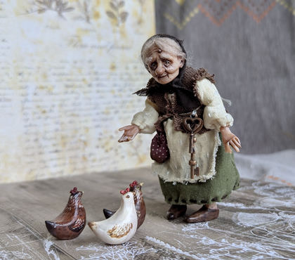 Full-scale view of a handmade gothic miniature — Small art doll Granny with hen (15/15)