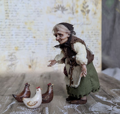 Full-scale view of a handmade gothic miniature — Small art doll Granny with hen (14/15)