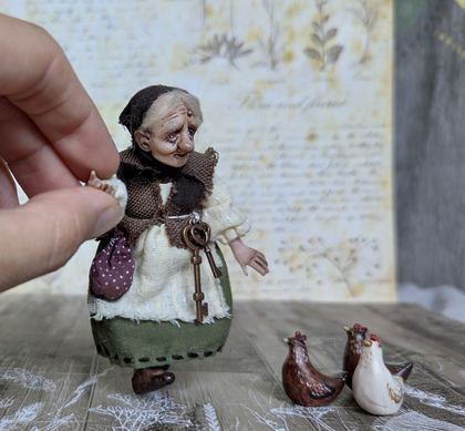 Full-scale view of a handmade gothic miniature — Small art doll Granny with hen (4/15)