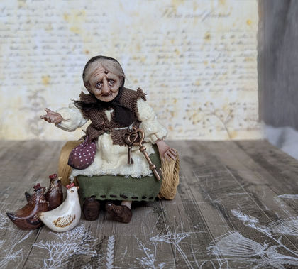 Full-scale view of a handmade gothic miniature — Small art doll Granny with hen (9/15)