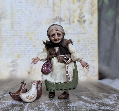 Full-scale view of a handmade gothic miniature — Small art doll Granny with hen (3/15)