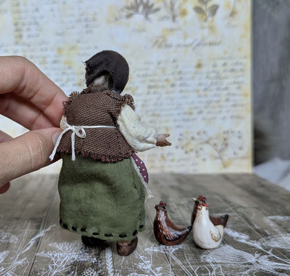 Full-scale view of a handmade gothic miniature — Small art doll Granny with hen (5/15)