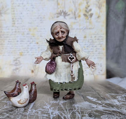 Full-scale view of a handmade gothic miniature — Small art doll Granny with hen (12/15)