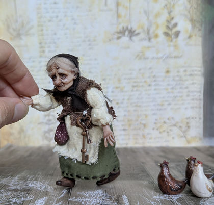 Full-scale view of a handmade gothic miniature — Small art doll Granny with hen (7/15)