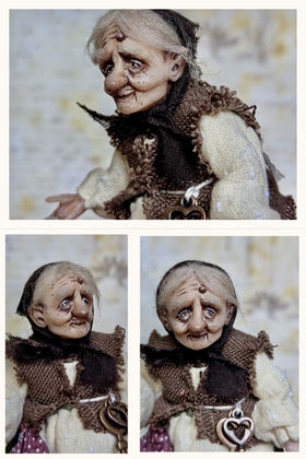 Full-scale view of a handmade gothic miniature — Small art doll Granny with hen (10/15)