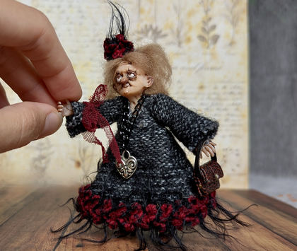 Full-scale view of a handmade gothic miniature — Small art doll Lady Agatha (8/11), Acrylic paint, polymer clay, fabric, wool