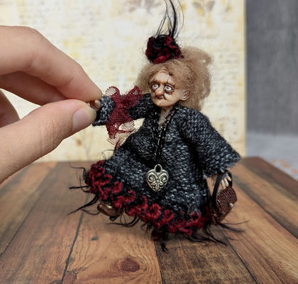 Full-scale view of a handmade gothic miniature — Small art doll Lady Agatha (5/11), Acrylic paint, polymer clay, fabric, wool